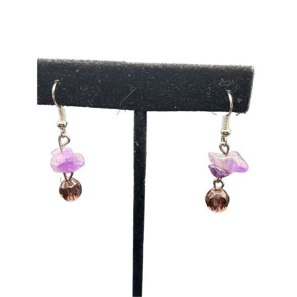 Sterling silver 925 fishhook amethyst chip drop earrings purple crystal beads - Picture 1 of 5